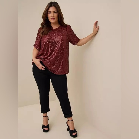 Torrid 2X Brown Sequin Ruched Sleeve Blouse Top - Picture 6 of 12